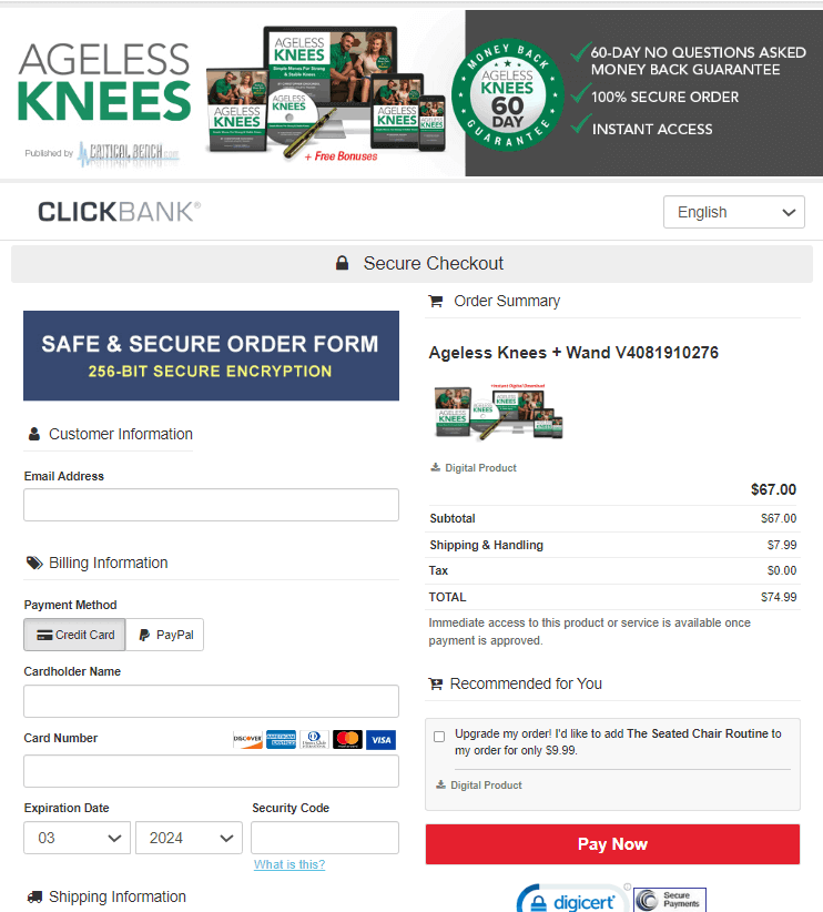 The AgelessKnees Checkout Page